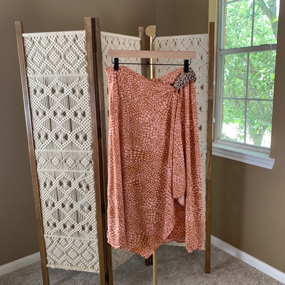 Anthropologie brown and pink faux wrap skirt size 14P zipper back retail $120‎